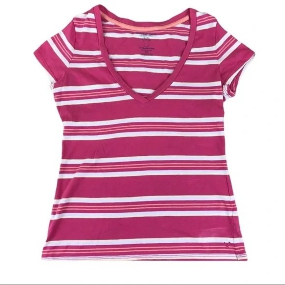 American Eagle Pink Stripe V-Neck Baby Tee Y2K Fitted Cotton‎ Size S